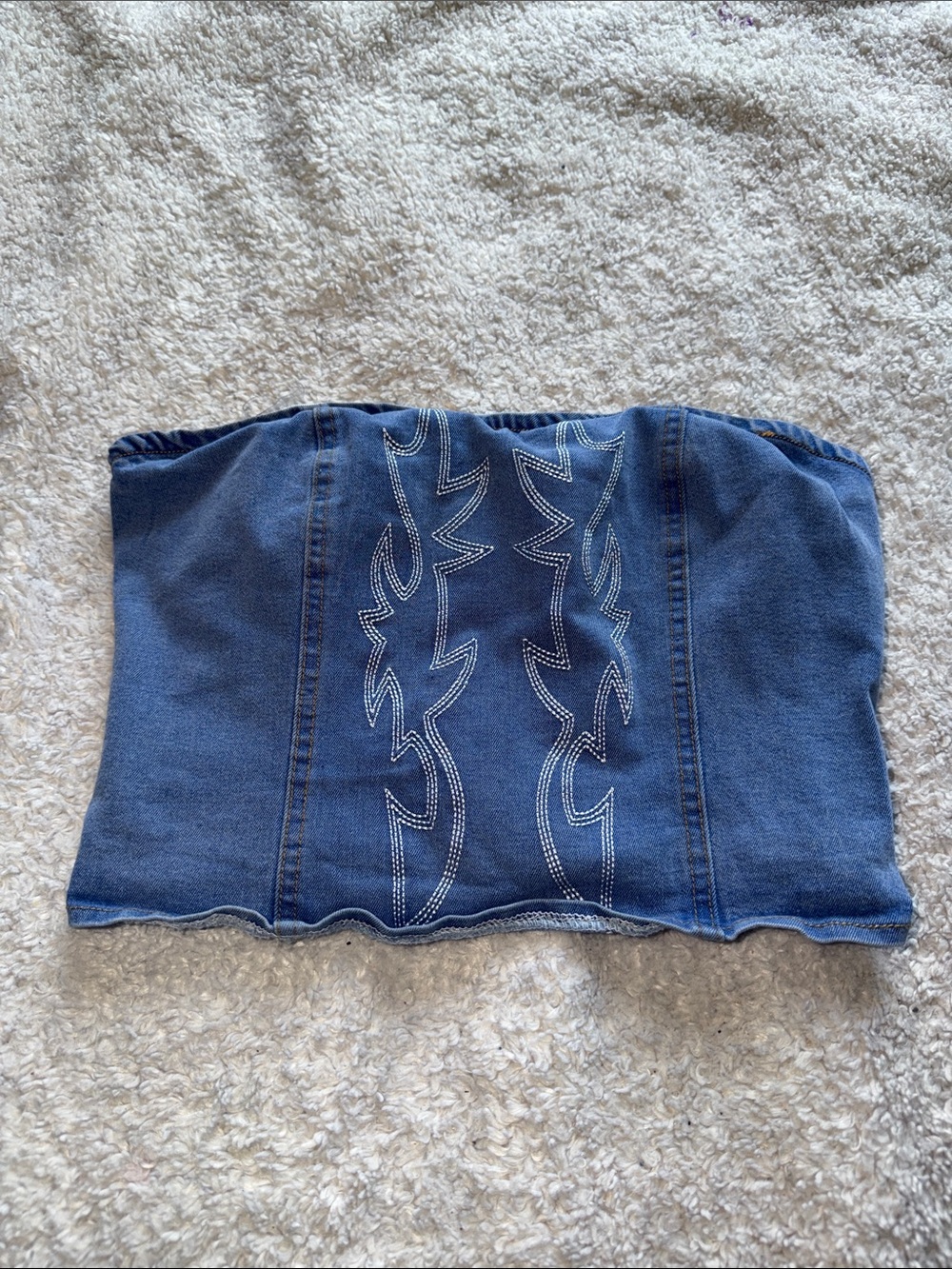 Denim Strapless Tube Top with White Stitching